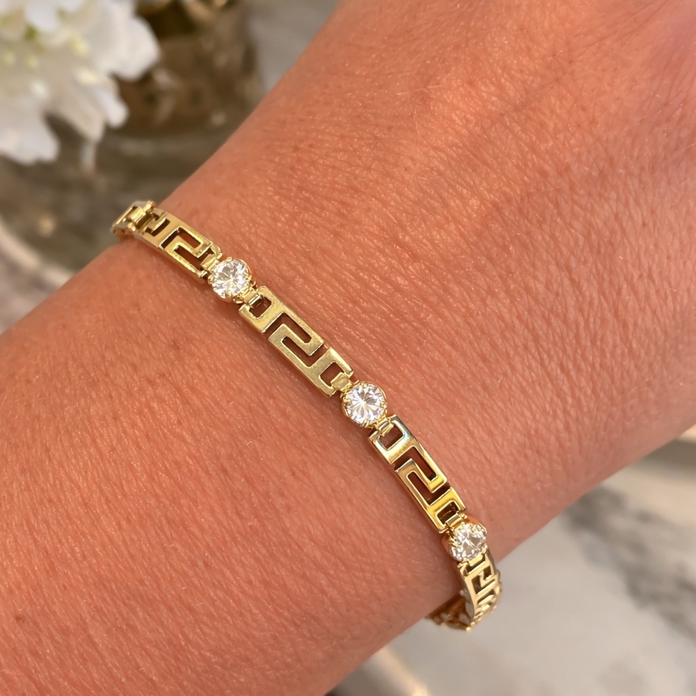 Greek Key bracelet with CZ accents - petite and feminine, thin bracelet